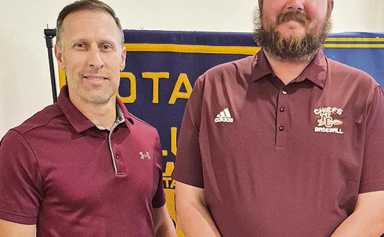 Rotarian with the Program Lance Lopez welcomed the new Natchitoches Central High School baseball coach, Matt Danna, at the Oct. 14 Rotary luncheon who spoke about his excitement for the upcoming season. From left are Lopez and Danna.