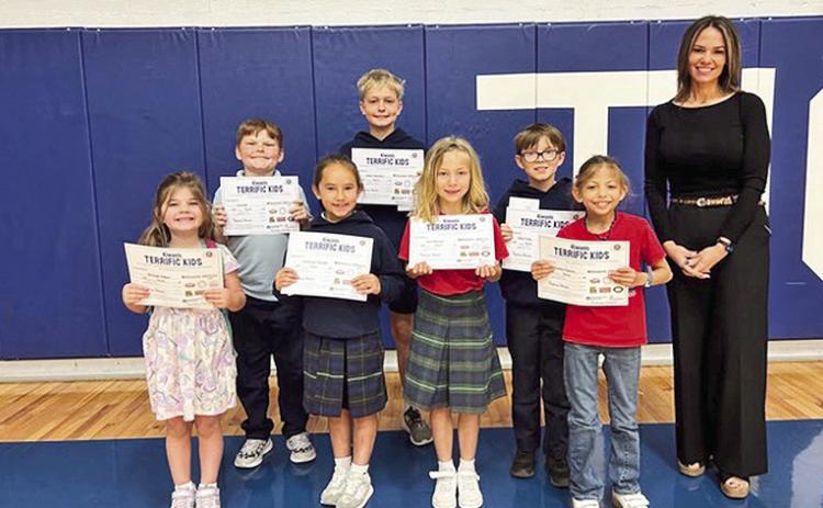 Terrific Kids is a student recognition program, created by the Kiwanis Club that promotes character development, self-esteem and perseverance. Students work with their classroom teacher and establish goals to improve behavior, peer relationships, attendance or schoolwork. St. Mary’s Terrific Kids for April are, front row from left, Harleigh Adkins, Emmersyn Mitchell, Eva Mayeaux and Lyanna Esparza. On back row are Ezra Gill, Adam Todtenbier and Remi Poole.
