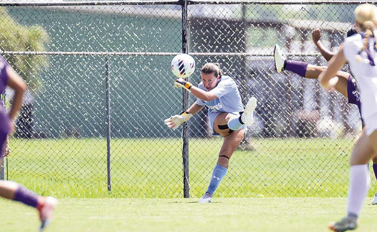Kennedy Rist made three massive saves in the second half, helping preserve a Northwestern State tie against Stephen F. Austin on Sunday afternoon. Photo by Chris Reich, NSU Photographic Services