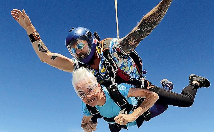 “It was awesome,” Theresa Matheson said of her first and only skydiving jump. The jump was on her bucket list and her son paid for the jump to mark her 80th birthday. Matheson was visiting family in New Hampshire but flew to Maine for the jump. She had to have a doctor’s examination of her heart to get approved for the jump. The plane was up 2.6 miles, she was in free fall for one and one-half miles and fell at 34 feet per second.