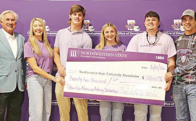Three incoming Northwestern State University freshmen anglers were awarded Dylan Kyle Poche scholarships to compete with the NSU Fishing Team. From left are NSU President James Genovese, Shelley Poche, Michael Watkins, Adelyn Parr, Eli Lockart and Burt Poche.