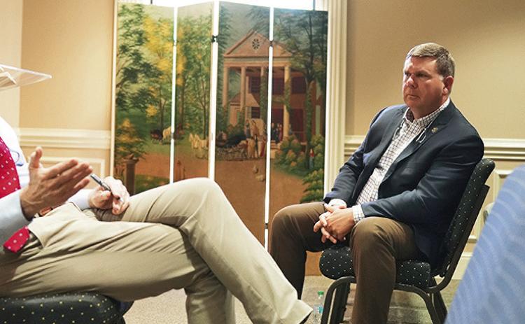 Sen. Bill Cassidy speaks to Grant Parish Sheriff Steven McCain and Rapides Parish Sheriff Mark Wood at a meeting in Bentley in Alexandra April 16 to discuss law enforcement costs on Kisatchie National Forest.