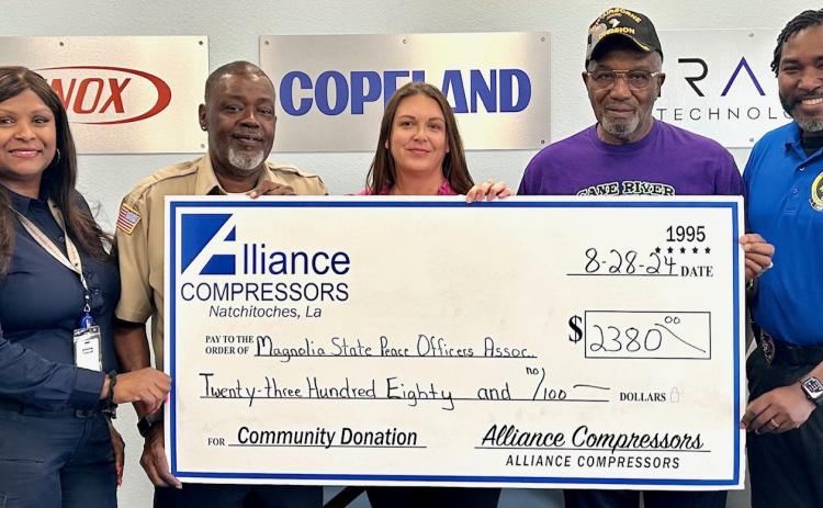 Alliance Compressors donated $2,380 to the Magnolia State Peace Officers Association in support of the Cane River Zadoc Festival &amp; Poker Run on Labor Day Weekend on the Downtown Riverbank. Pictured from left are LaQuita Collins, member; Harman Winters, member; Rachel Barlow, Alliance Human Resources Manager; Melvin Holmes, festival chairman; and Nikeo Collins, member.