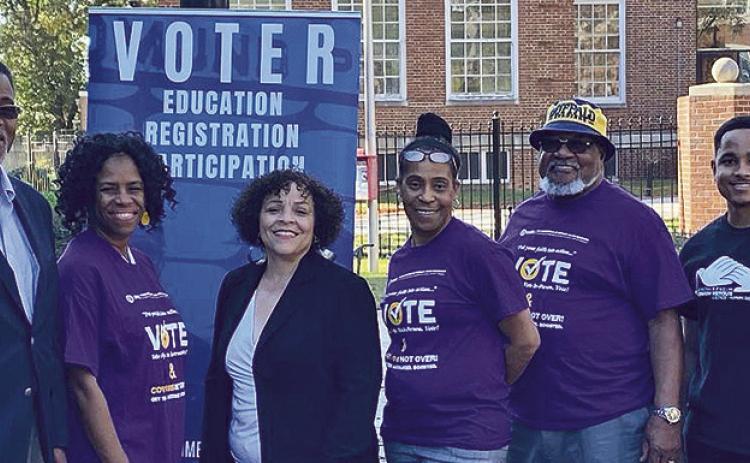 From left, Rev. Dr. Gregory Eason, First Lady Linda Eason, Cheryl Lowery, Deitra Johnson, Sgt. James Hall and a student from Clark Atlanta University at a student voter registration event in Atlanta. Courtesy photo by Deitra Johnson