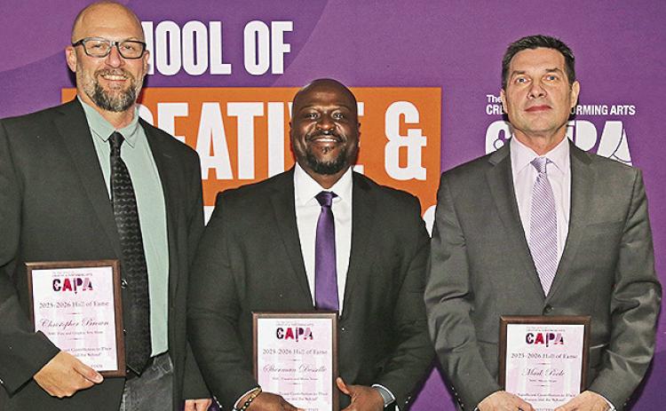 Christopher Brown, Sherman Desselle and Mark Poole, from left, were inducted into NSU’s School of Creative and Performing Arts Hall of Fame on Saturday, March 7. See story Page 2A.