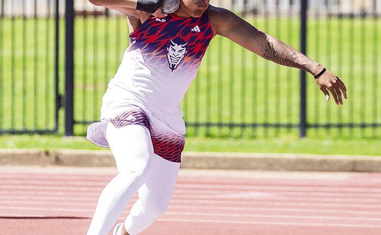 Justin Craft was one of 11 members of Northwestern State to win their events Saturday at the Pelican Relays, winning the men’s shot put.Photo by Chris Reich, NSU Photographic Services