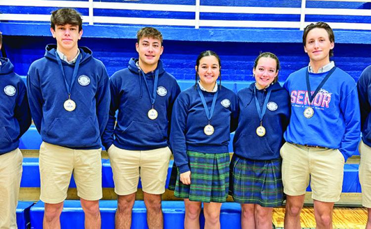 First place winners are, from left, Nick Wright, Cole Yopp, Bode Black-These mon, Addison Price, Ainsley Armstrong, Colton Cross and Peter Kautz.