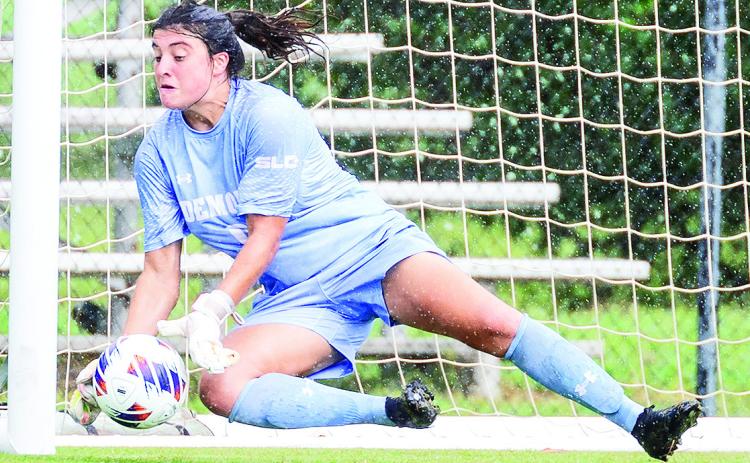 Libe Banuelos made three saves, recording her first shutout of the season and fifth of her career, as Northwestern State tied Abilene Christian 0-0 in its home opener. Photo by Chris Reich, NSU Photographic Services