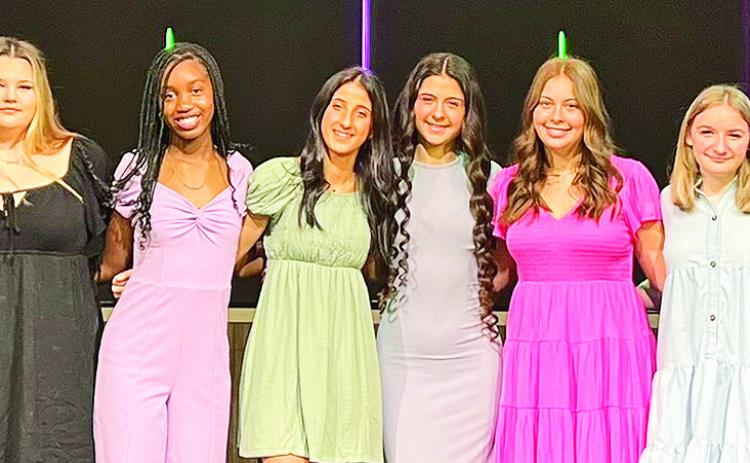 Members of the Freedom Life Academy’s 2024 Homecoming Court are, from left, (Freshman maids) Khloe Crochet, Abbey Tingle, (Sophomore maids) Isabel Thompson, Jayla Wilson. (Senior Maids) Abigail Williams, Kaylee Jordan, Alaana Cebrynski, KenLee Pinckard. (Junior Maids) Jaylee Perot, Kayleigh Carter.