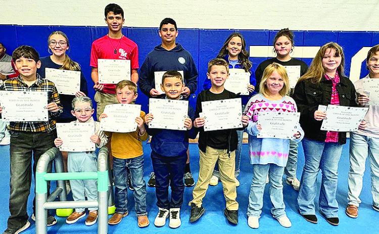 Congratulations to the St Mary students who were recognized for Gratitude: the November Virtue of the Month. On front row from left are Jaxson Norsworthy, Hudson Busby, Ridge Wilson, Austin Berry, Asher Hale, Camille Mims, Chelsey Kuhlman and Zach French. On back row are Makena Thomas, Jayd Linebaugh, Cade Solari, Ella Hardee, and Mackenzie Morgan. Not pictured is Camden Litton.
