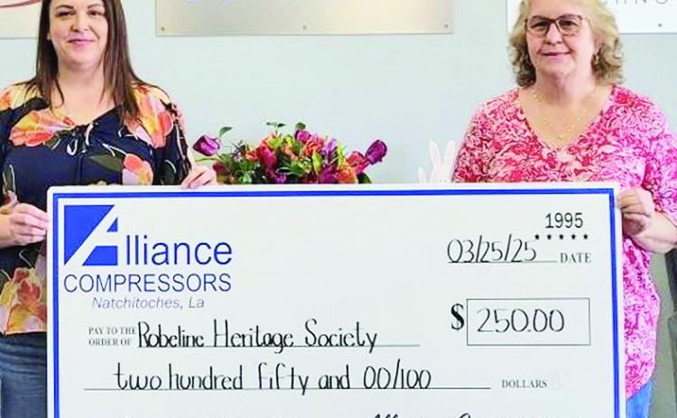 Alliance Compressors donated $250 to the Robeline Heritage Society, a community-driven non-profit organization that hosts multiple events centered in the Village of Robeline. It began 34 years ago with the Heritage Festival and has grown into other events throughout the year such as a luminary service and a pageant – all through generous donations. From the left are Rachel Barlow, Alliance Human Resources Manager and Frances Walker, President of the Robeline Heritage Society.