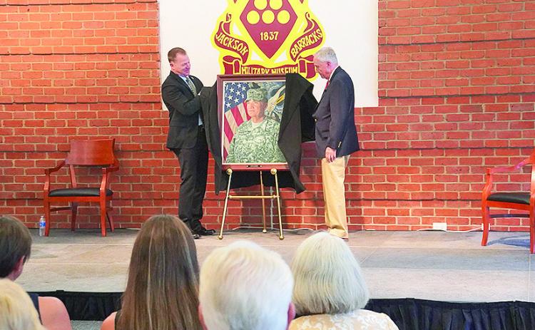 Maj. Gen. Thomas Friloux, the adjutant general of Louisiana, and retired Maj. Gen. Hunt B. Downer Jr. unveil Downer’s Louisiana National Guard Hall of Fame portrait during an induction ceremony at Jackson Barracks in New Orleans, June 13, 2026. The portrait will be displayed among those of previous Hall of Fame inductees recognized for exceptional military service and civilian achievement. (U.S. Army National Guard photo by Capt. Peter Drasutis)