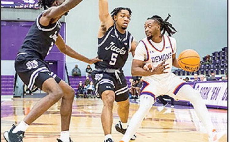 Micah Thomas (pictured) ties a career-high 29 points on 10-for-20 shooting from the field as the Demons rally back but fall short in Thibodaux to conference-unbeaten Nicholls on Monday night, 74-72. Photo by Chris Reich, NSU Photographic Services