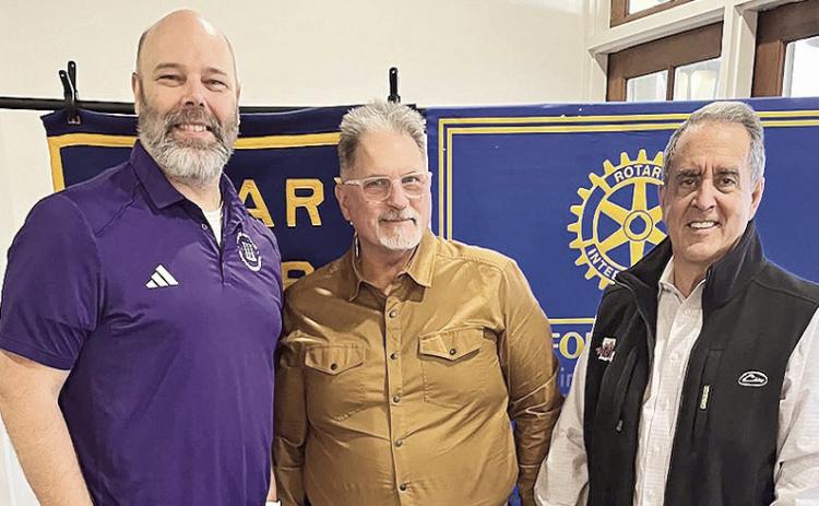 Rotarian with the Program David Young introduced Jerry Whitman with NSU Creative and Performing Arts at the Jan. 14 luncheon. He discussed theater at NSU and the many opportunities for students to participate and learn to be professional performers. Several NSU students work at Disney World. From left are Young, Whitman and President-elect Louie Bernard.