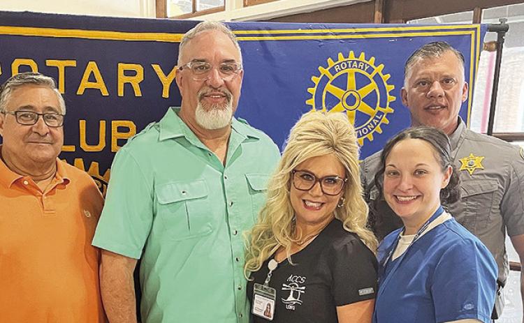 Rotarian with the Program Jesse Taitano introduced Michael Thompson and Associates from Alternative Concept Care Services at the March 5 Rotary luncheon. The services provide help for veterans and senior citizens. From left are Rotary President Joe Sers, Thompson, Lori Thompson, Dianna Temple and Taitano.