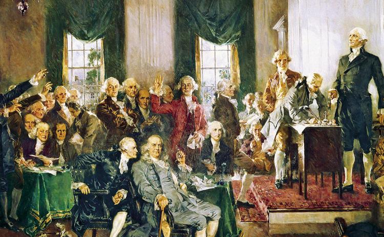 Signing of the United States Constitution with George Washington, Benjamin Franklin, and Alexander Hamilton (left to right in the foreground), painting by Howard Chandler Christy.