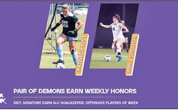 In the monster win at No. 19 Texas, Emily Senatore scored twice and Kennedy Rist stopped 13 shots to earn Southland Conference Offensive and Goalkeeper of the Week, respectively.: Site graphic by NSU