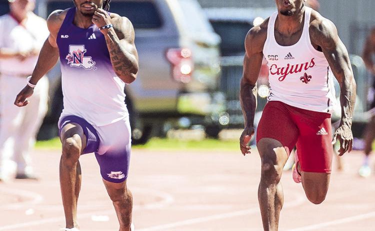 Zachaeus Beard finished eighth in the men’s 100-meter dash to earn First Team All-American honors, and Diamante Gumbs placed 19th in the men’s discus to earn honorable mention All-American accolades to complete stellar NSU careers. Photo by Chris Reich, NSU Photographic Services