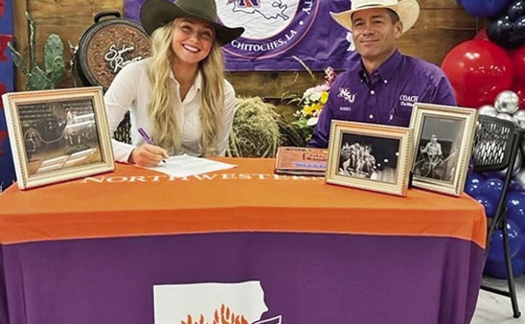 Sydnie Romero signed with NSU’s Rodeo Team and Coach Cody DeMoss.