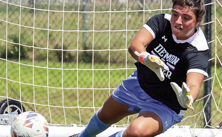 After stopping 11 shots at SMU on Thursday, she recorded seven more saves in a 4-0 loss at Mississippi State on Sunday. Photo by Chris Reich, NSU Photographic Services