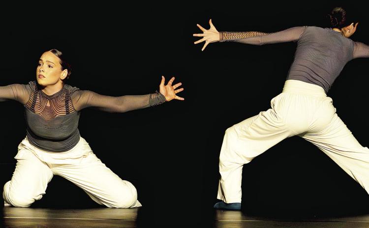 Madeline Lorio (left) and Amalia Najera (right) perform Tethered at the LSMSA 2025 Informal Fall Dance Concert.