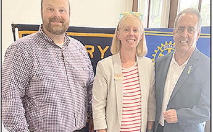 Rotarian Josh Manuel introduced and welcomed Chick-Fil-A’s Leigh Ann Gilley who spoke about the organization and management of the Natchitoches restaurant on Keyser. From left are Manuel, Gilley and President Louie Bernard.