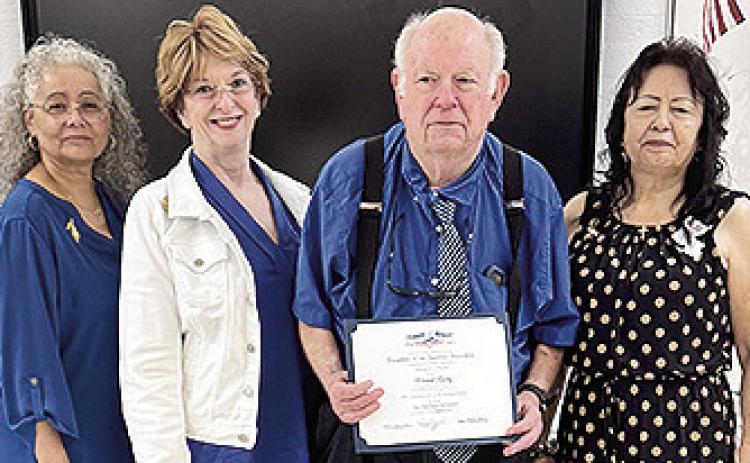 Cane River Chapter, NSDAR members visited St. Mary’s Catholic School to encourage students to learn about the U.S. Constitution. From left are Carolyn DunnMiller, Peggy Aycock, St. Mary’s American History teacher Michael Landry and Cane River member Martha Conde.
