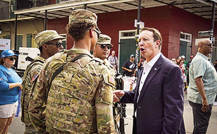 Louisiana Gov. Jeff Landry speaks with Soldiers assigned to Task Force Security in the French Quarter as they conduct security operations for Super Bowl LIX on Feb. 7, 2025.