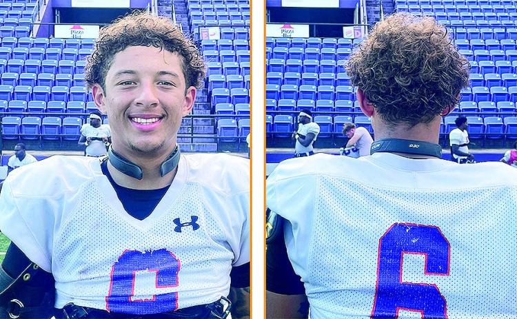 Sophomore safety Kaden Mackey modeling the Q-Collar from both the front and back views. Photo by Jason Pugh/NSU Sports Information