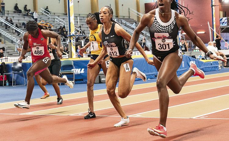 Sileena Farrell posted a PR performance in the 60-meter dash to win the event at the Pittsburg State Invitational on Saturday. Photo by Ethan Lowe, Samford