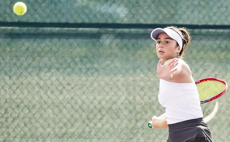 Maria Farina, pictured, picks up a Doubles win with teammate Honoka Umeda to advance in the bracket at the Joy Pyburn Invitational. Photo by Chris Reich, NSU Photographic Services