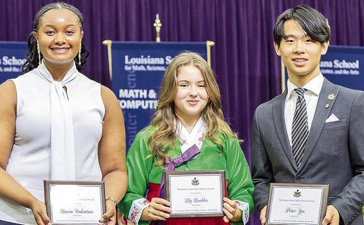 Raven Valentine, Lily Buckles and Peter Yu are the newest inductees into the prestigious Robert Alost Hall of Fame at the Louisiana School for Math, Science and the Arts. This is LSMSA’s highest honor for seniors, recognizing those who represent the very best of the school’s spirit, service and excellence.
