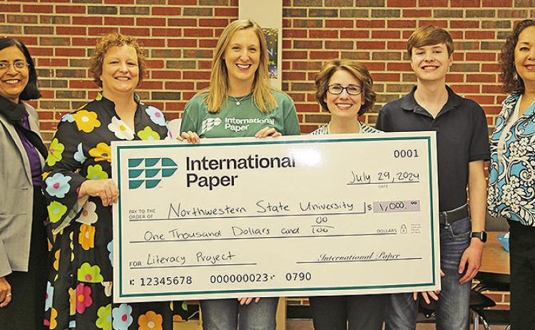 From left are Dr. Neeru Deep, dean of the College of Education and Human Development; Dr. Katrina Jordan, director of the School of Education; Alexa Steele, communications coordinator at the IP Red River Mill; Fazio-Brunson, Cameron Brunson and Alysia Jones, director of NSU’s Office of Sponsored Programs. The IP Foundation has previously supported NSU’s College of Education and Human Development through grants that provide resources and support to students and faculty.