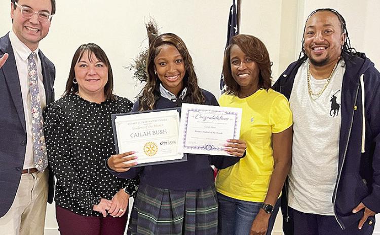 Rotary Student of the Month St. Mary’s Senior Cailah Bush was recognized at the Nov. 12 Rotary luncheon by the Rotarians and by Northwestern State University. Bush will graduate in May and major in biology. From left are Northwestern State University Director of Enrollment and Management Van Erikson, Student of the Month Coordinator Jessica Broadway, Bush, mother Constance Bush and father Joseph Bush.