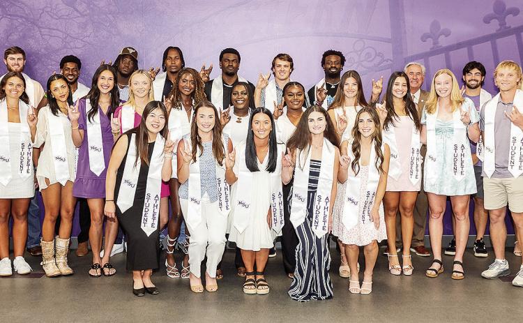 A group of graduating Northwestern State student-athletes pose following the spring stole ceremony in May. Photo by Chris Reich/NSU Photographic Services