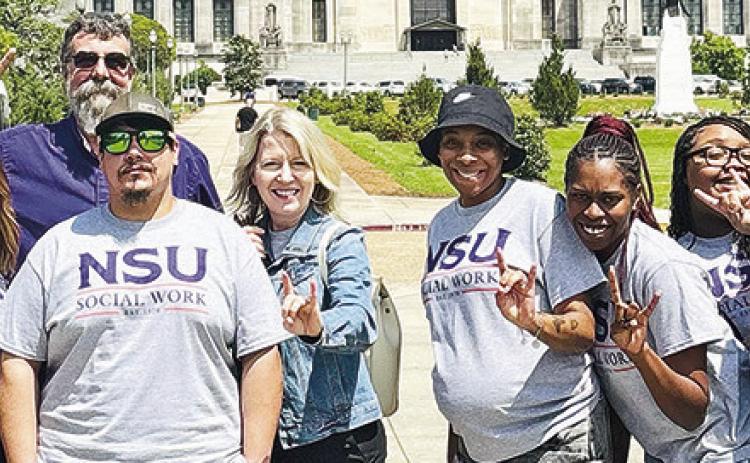 Students and faculty from NSU’s Department of Social Work participated in the National Association of Social Workers Day at the state capitol in Baton Rouge. From left are Alyssa Stanley, Assistant Professor Kirby Peddy, Associate Professor Byron McKinney, Levi Paul, Interim Department Chair and Assistant Professor Dr. Susan Campbell, Erica Babers, Kheria Leshay, Amara Robinson and Mackenzie Smith.