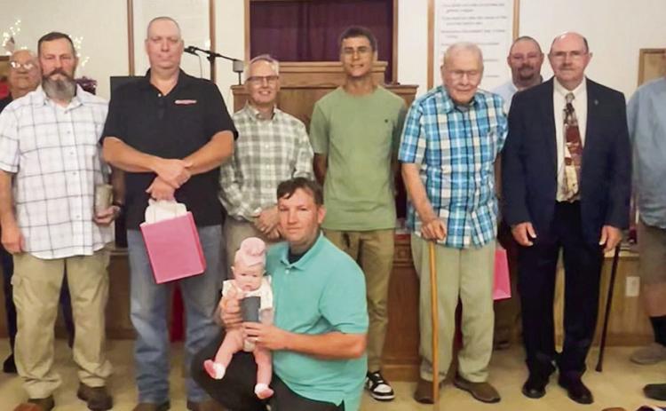The Dads present for Father’s Day at Bellwood Baptist Church last Sunday Morning were Jimmy Smith, Charley Hawkes, Russell Marshall, Sean Wester, Gerald Cook, Jamie Shelton, Tim Collins holding Baby Ava, Reed Presley, Carrol Presley, Anthony Masters, Bro. Roger Matkin, Roy Masters, and Marvin Wyatt.