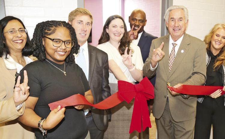 From left are Dr. Neeru Deep, dean of NSU’s Gallaspy College of Education and Human Development; graduate assistant Kabrian Francois of Lake Charles, Drake Owens, Chief of Staff to the president; Sarah Ebarb, Demons for Recovery coordinator, Dr. Charles King, interim head of the Department of Psychology and Addiction Studies, NSU President James Genovese and Hillary Bennett, a recent Master’s degree graduate who contributed to coordinating NSU’s College Recovery and Prevention Program.