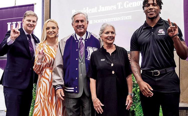 From let are Director of Athletics Kevin Bostian, NSU Volleyball player Ashlyn Svoboda, Genovese and wife Martha, and Demon football player Cadillac Rhone.