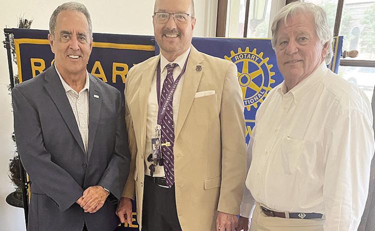 Jacob Rupert, council for the 10th Judicial District Court spoke to the Rotarians on the Challenges of Artificial Intelligence (AI). He focused on two fundamental rights: The 6th Amendment Right to Counsel, and The he Constitutional Right to Privacy. John Luster introduced Rupert and President Louie Bernard and the Rotarians welcomed him warmly. From left are President Louie Bernard, Rupert and Luster.