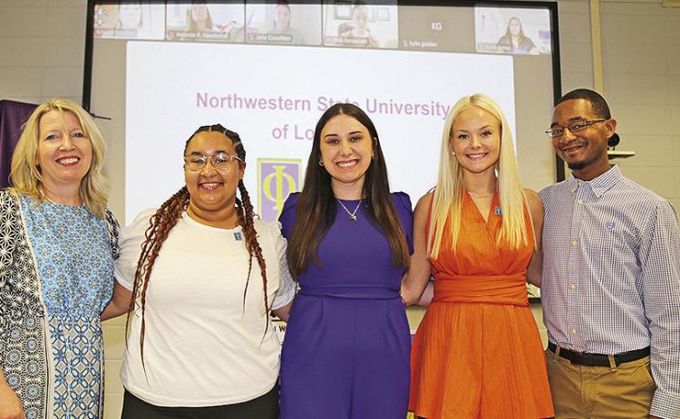New members of Phi Alpha Honor Society for social work students were inducted into NSU’s chapter on April 22. From left are Interim Department Chair Dr. Susan Campbell, Briannah Stansberry, Gracie Borders, Georgia Dowden and Chapter President Tashon Adams. Attending virtually were Allie Ainsworth, Karla Ames, Julia Andrus, Jana Couvillion, Kylie Golden, Amanda Hawthorne, Brooke Mouton and Kristina Wozniak.