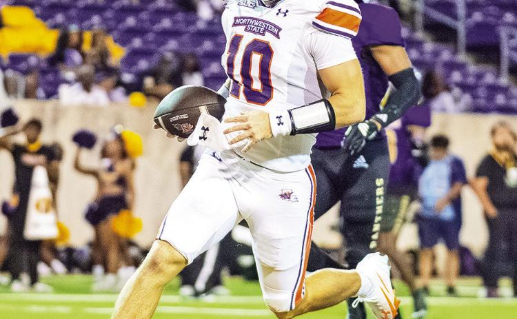 NSU redshirt freshman quarterback Abram Johnston scores first career rushing touchdown against Prairie View A&amp;M. Photo by Chris Reich, NSU Photographic Services