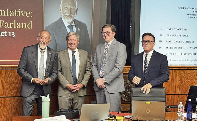 From left are State Rep. Jack McFarland, recipient of the 2026 Shield of Justice Award; 10th Judicial District Attorney Billy Joe Harrington; Louisiana District Attorneys Association Executive Director Zachary Daniels; and 34th Judicial District Attorney Perry Nicosia, current president of the LDAA.
