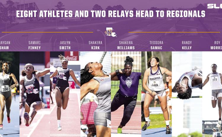 Eight Northwestern State athletes earned a spot at the NCAA East Prelims in Jacksonville, as well as the men’s 4x100 relay and women’s 4x400 relay. Site graphics/pics by Chris Reich, NSU Photographic Services, and the Southland Conference