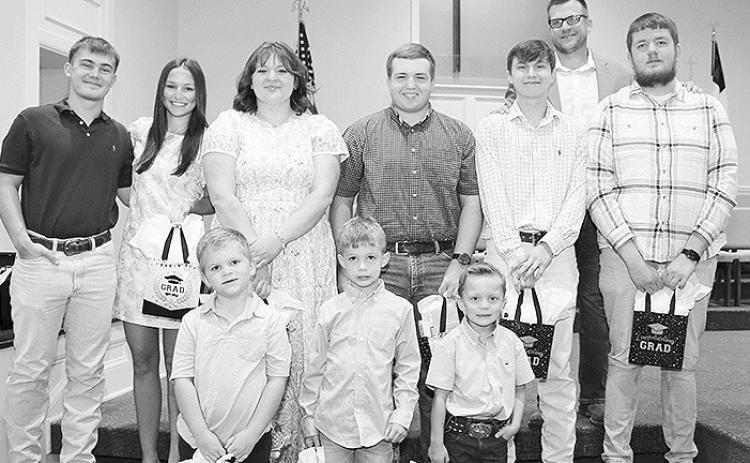 On Front row are: Andrew Frederick, Christian Wise, and Slate Woodard. Middle row: Ashton Almond, Mary Claire Jones, Jenna Mills, Ben Moseley, Parker Almond, and Timothy Thomas and Back row:FBC Coushatta Pastor Cory Tucker