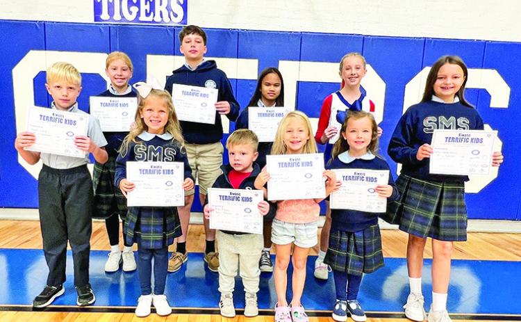 Congratulations to St. Mary’s Terrific Kids for October. On front row from left are Wyatt Clark, Hannah Byles, Moss Morgan, Anna Mayeaux, Isla Harris and Sutton Vandersteen. On back row are are Emmi Myers, Merritt Vandersteen, Janine Wells and Kollyns Duhon. Not Pictured is Chelsey Kuhlmann.