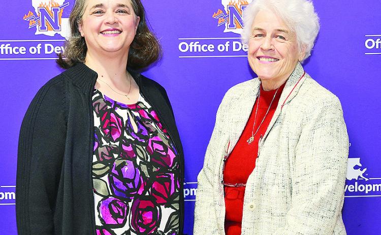 Dr. Francene Lemoine, dean of Northwestern State University’s College of Arts and Sciences, left, thanked Dr. Kathleen Byrd, right, for creating an enhancement fund that will enable faculty and students to engage in collaborative research, travel and other projects as needed.