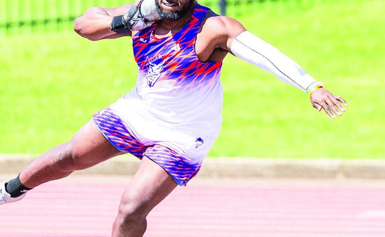 In the final meet before the Southland Conference Championships, Djimon Gumbs broke a 42-year-old school record in the men’s shot put, throwing a 66-7, on the final day of the Corky/Crofoot Shootout. Photo by Chris Reich, NSU Photographic Services