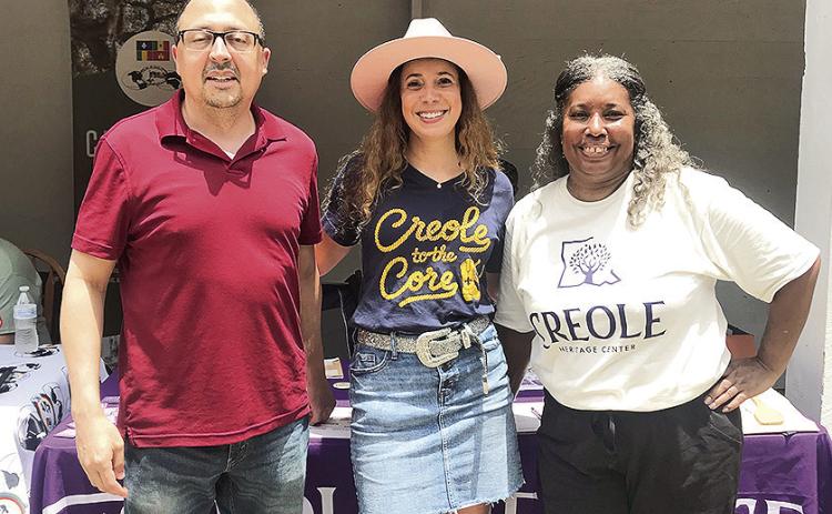 NSU’s Creole Heritage Center was represented at Creole Culture Day June 7. From left are David Sigur, Creole Heritage Center Advisory Council member; Colby Martin, Vermilionville staff, and Kelly Jackson, Creole Heritage Center Clerk, in front of the Creole Heritage Center’s table at Creole.