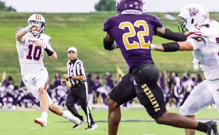 Abram Johnston (left) accounted for three touchdowns in Saturday’s loss at Prairie View A&amp;M. Photo by Chris Reich/NSU Photographic Services